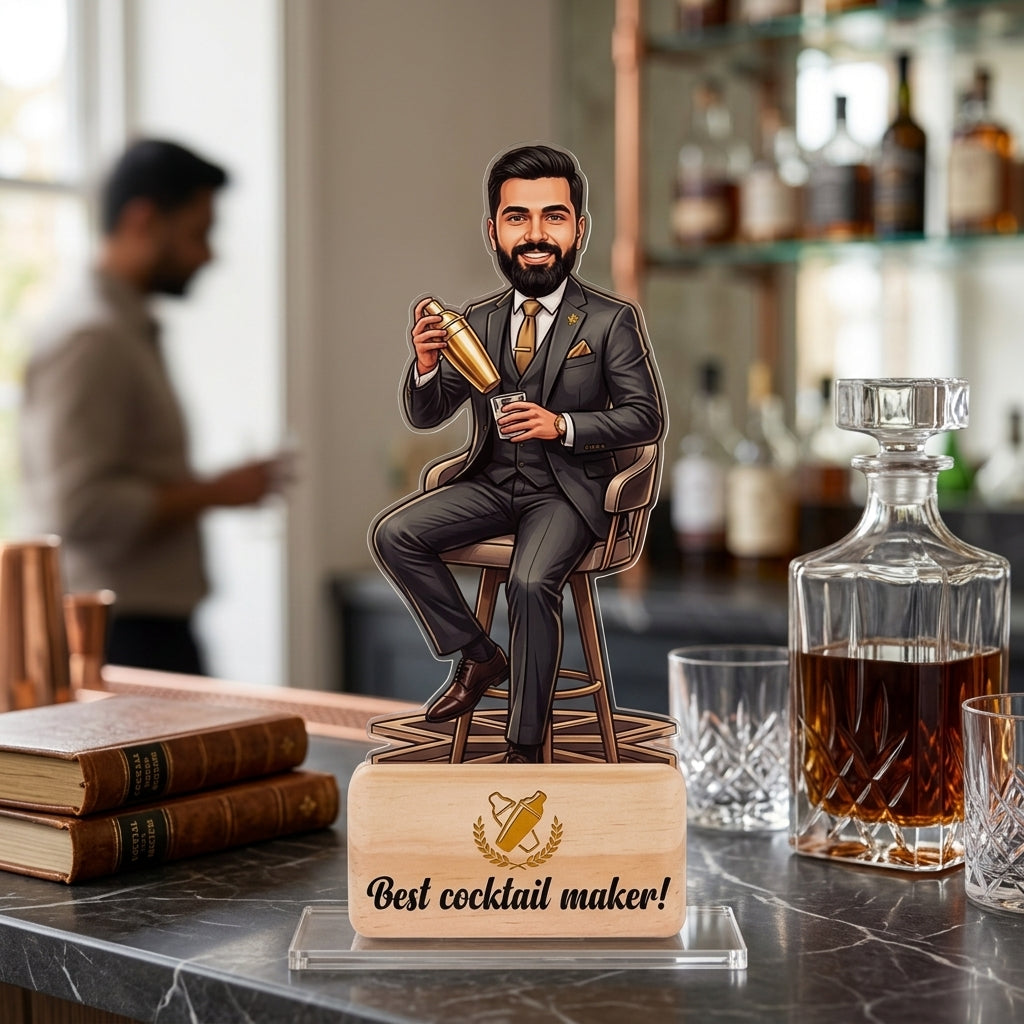 Bazinco Custom Cocktail Maker Caricature | Personalized Bartender Acrylic Standee with Wooden Base | Creative Gift for Mixologist, Home Bar & Office Desk