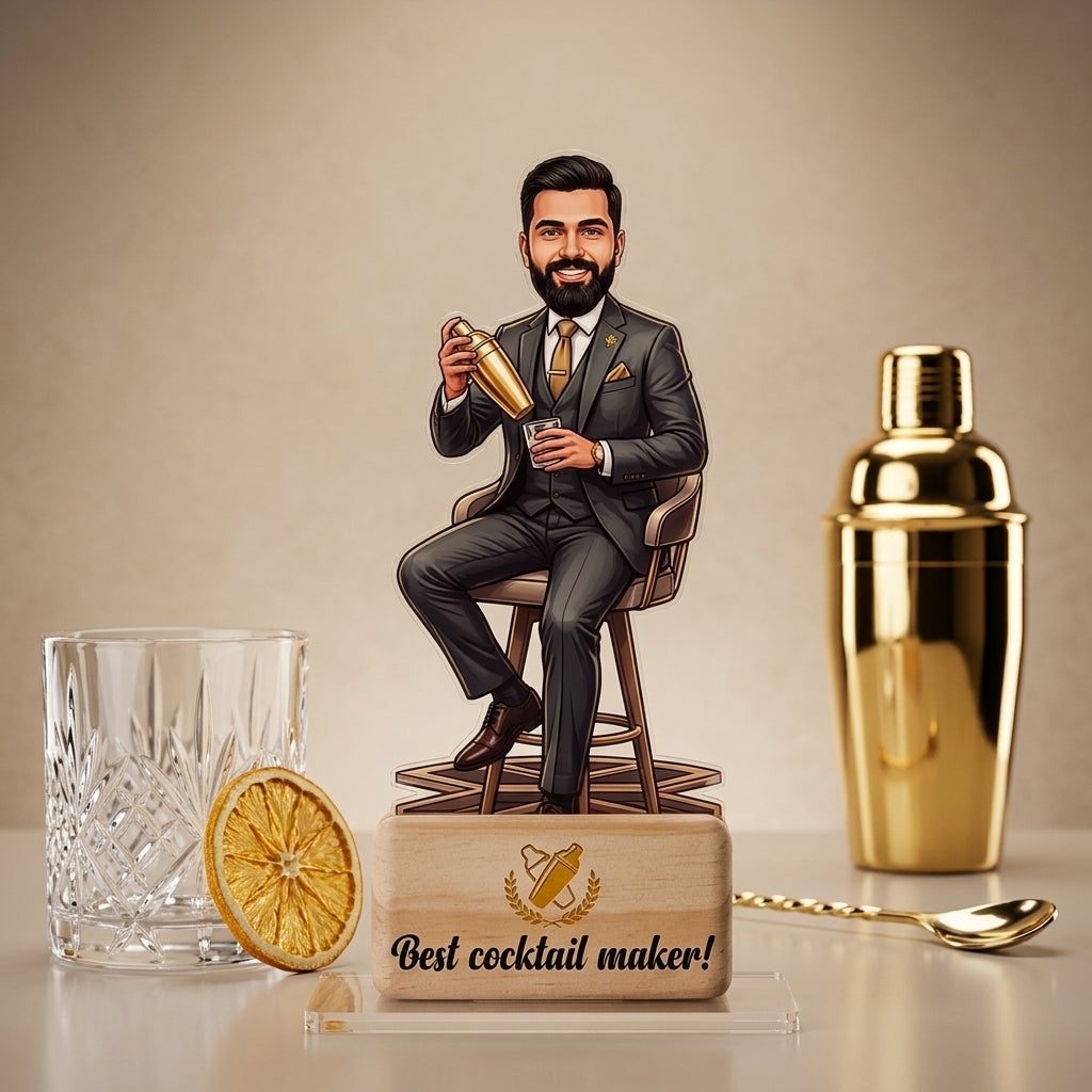 Bazinco Custom Cocktail Maker Caricature | Personalized Bartender Acrylic Standee with Wooden Base | Creative Gift for Mixologist, Home Bar & Office Desk