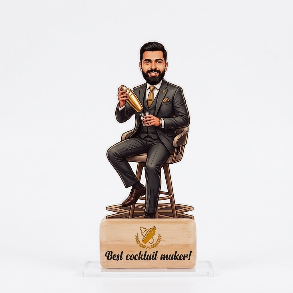 Bazinco Custom Cocktail Maker Caricature | Personalized Bartender Acrylic Standee with Wooden Base | Creative Gift for Mixologist, Home Bar & Office Desk