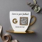 Bazinco Personalized Coffee Cup QR Review Stand | Custom Acrylic Google Review QR Display | Café Counter Feedback Sign | Business Branding Display