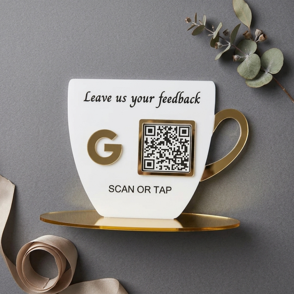 Bazinco Personalized Coffee Cup QR Review Stand | Custom Acrylic Google Review QR Display | Café Counter Feedback Sign | Business Branding Display