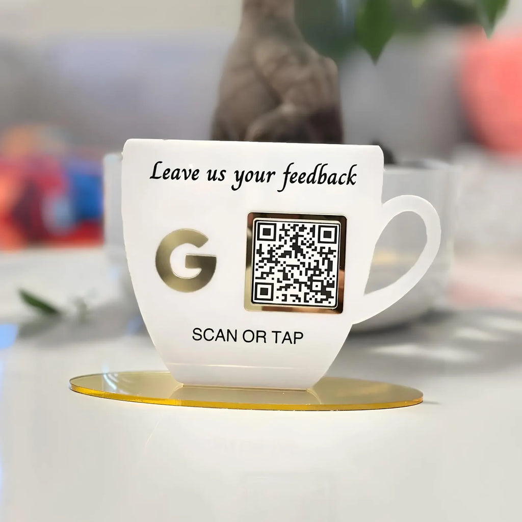 Bazinco Personalized Coffee Cup QR Review Stand | Custom Acrylic Google Review QR Display | Café Counter Feedback Sign | Business Branding Display