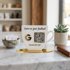 Bazinco Personalized Coffee Cup QR Review Stand | Custom Acrylic Google Review QR Display | Café Counter Feedback Sign | Business Branding Display