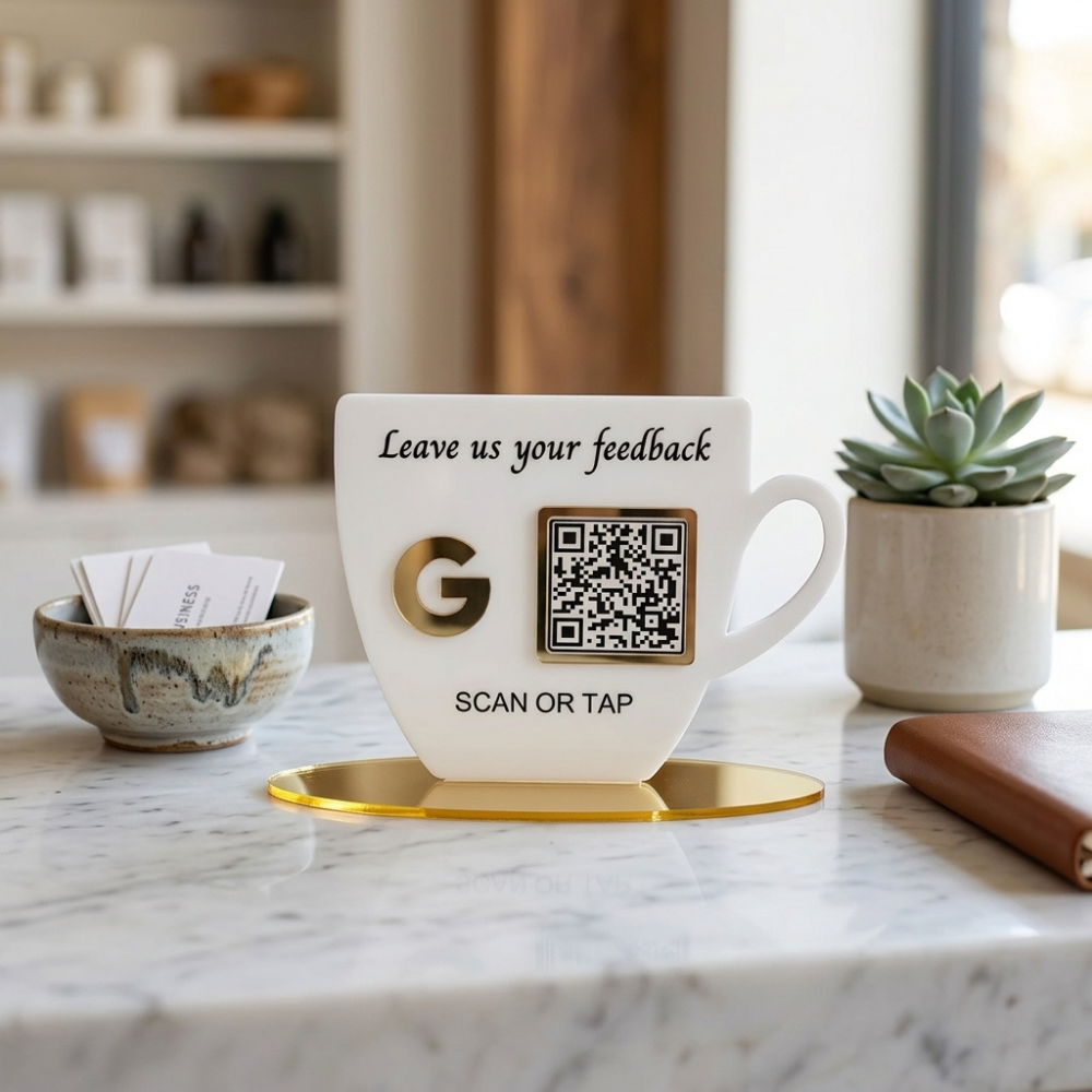 Bazinco Personalized Coffee Cup QR Review Stand | Custom Acrylic Google Review QR Display | Café Counter Feedback Sign | Business Branding Display