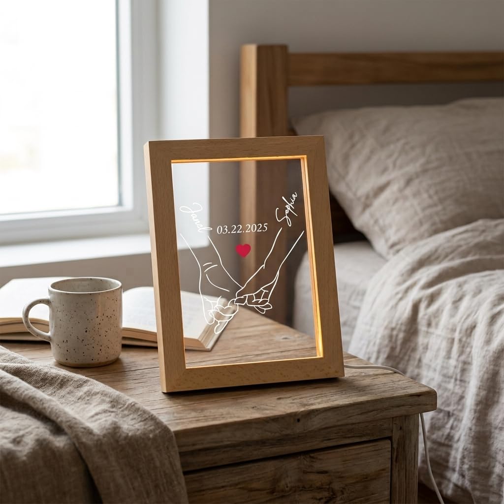 Personalized Couple LED Photo Frame – Custom Name & Date Hand-Holding Line Art