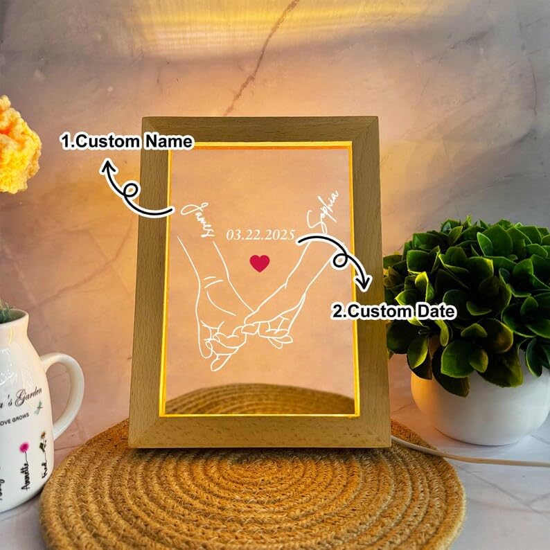 Personalized Couple LED Photo Frame – Custom Name & Date Hand-Holding Line Art