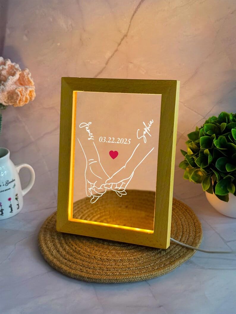 Personalized Couple LED Photo Frame – Custom Name & Date Hand-Holding Line Art