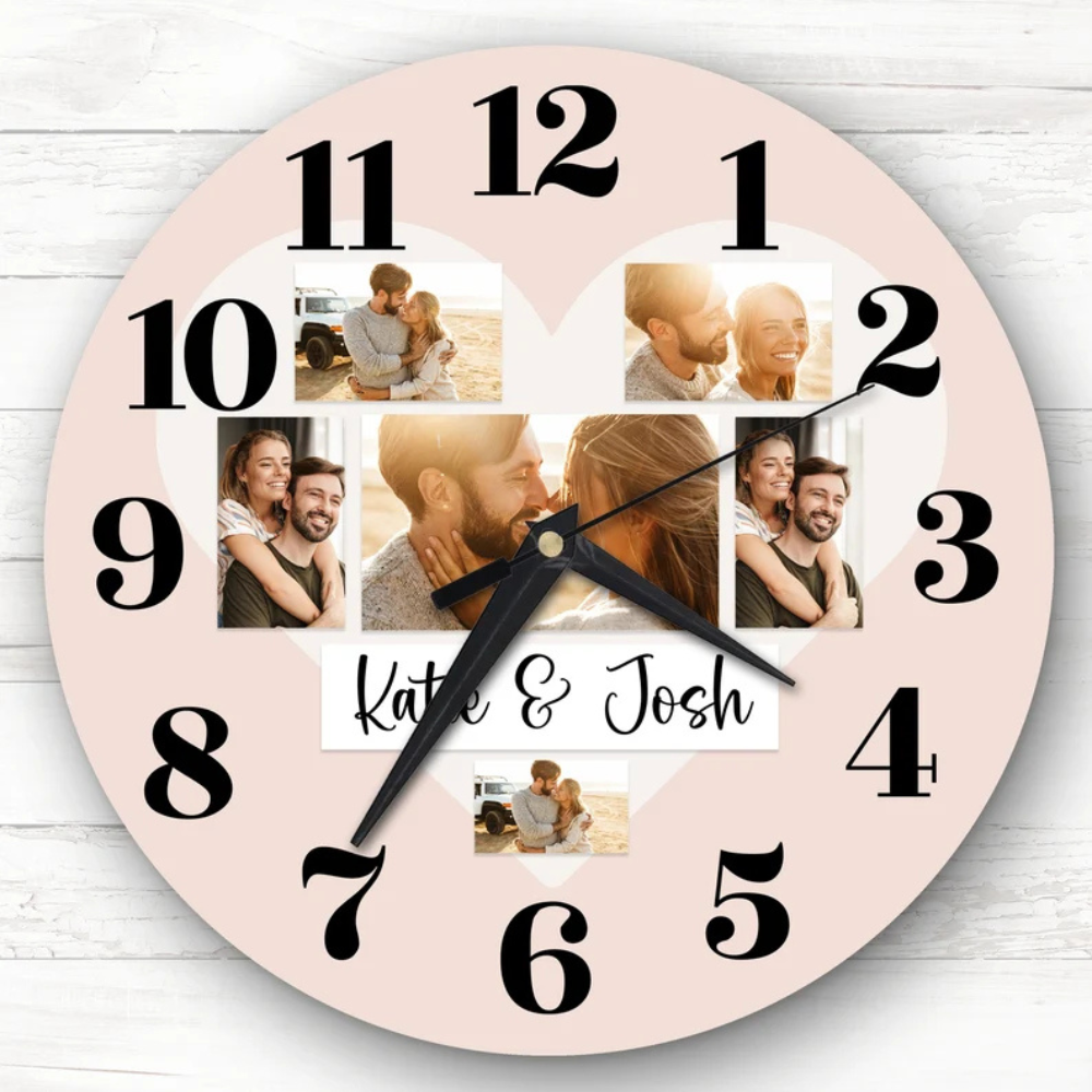 Bazinco Personalized Heart Photo Collage Wall Clock with Custom Names | Romantic Couple Picture Clock | Anniversary, Wedding & Valentine's Gift | Silent Quartz Home Decor