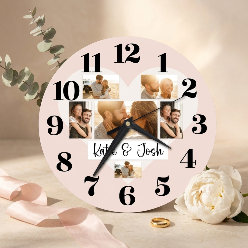 Bazinco Personalized Heart Photo Collage Wall Clock with Custom Names | Romantic Couple Picture Clock | Anniversary, Wedding & Valentine's Gift | Silent Quartz Home Decor