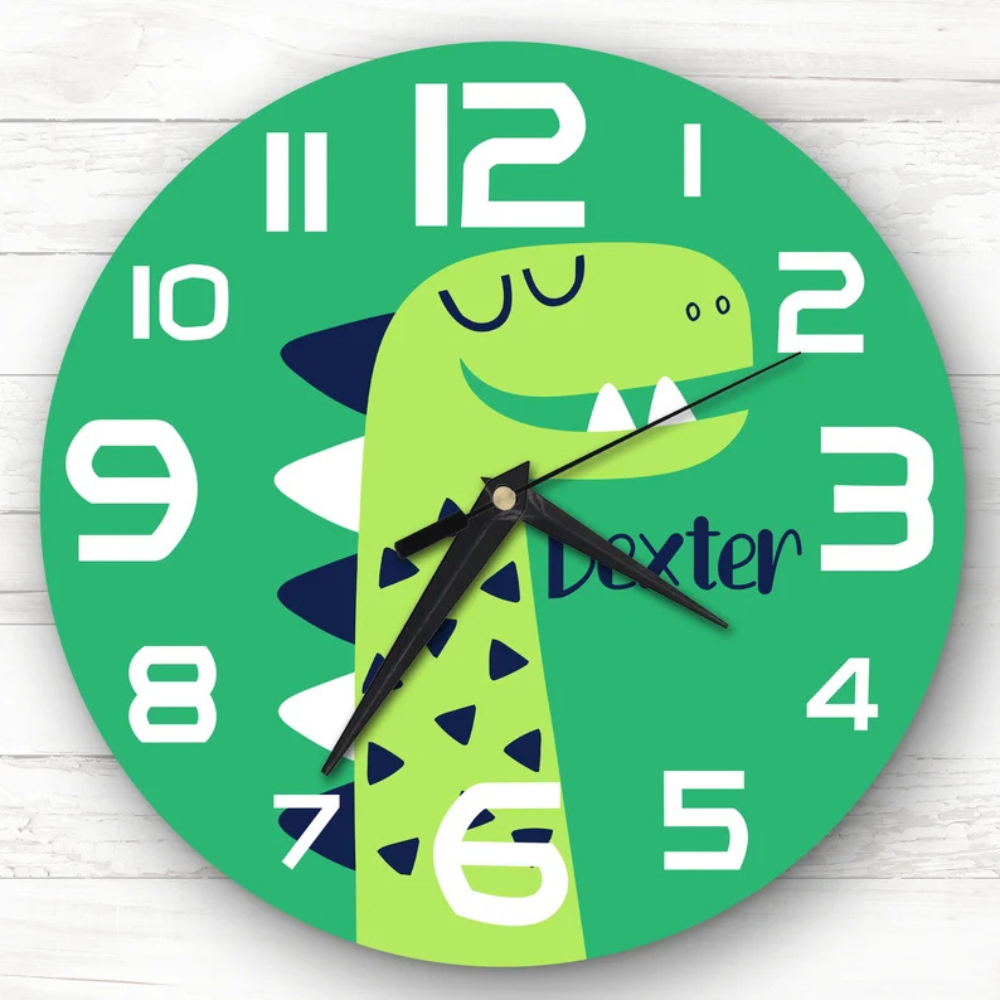 Bazinco Personalized Dinosaur Kids Wall Clock | Custom Name Dino Nursery Wall Clock | Cute Dinosaur Bedroom Decor for Boys | Silent Wall Clock