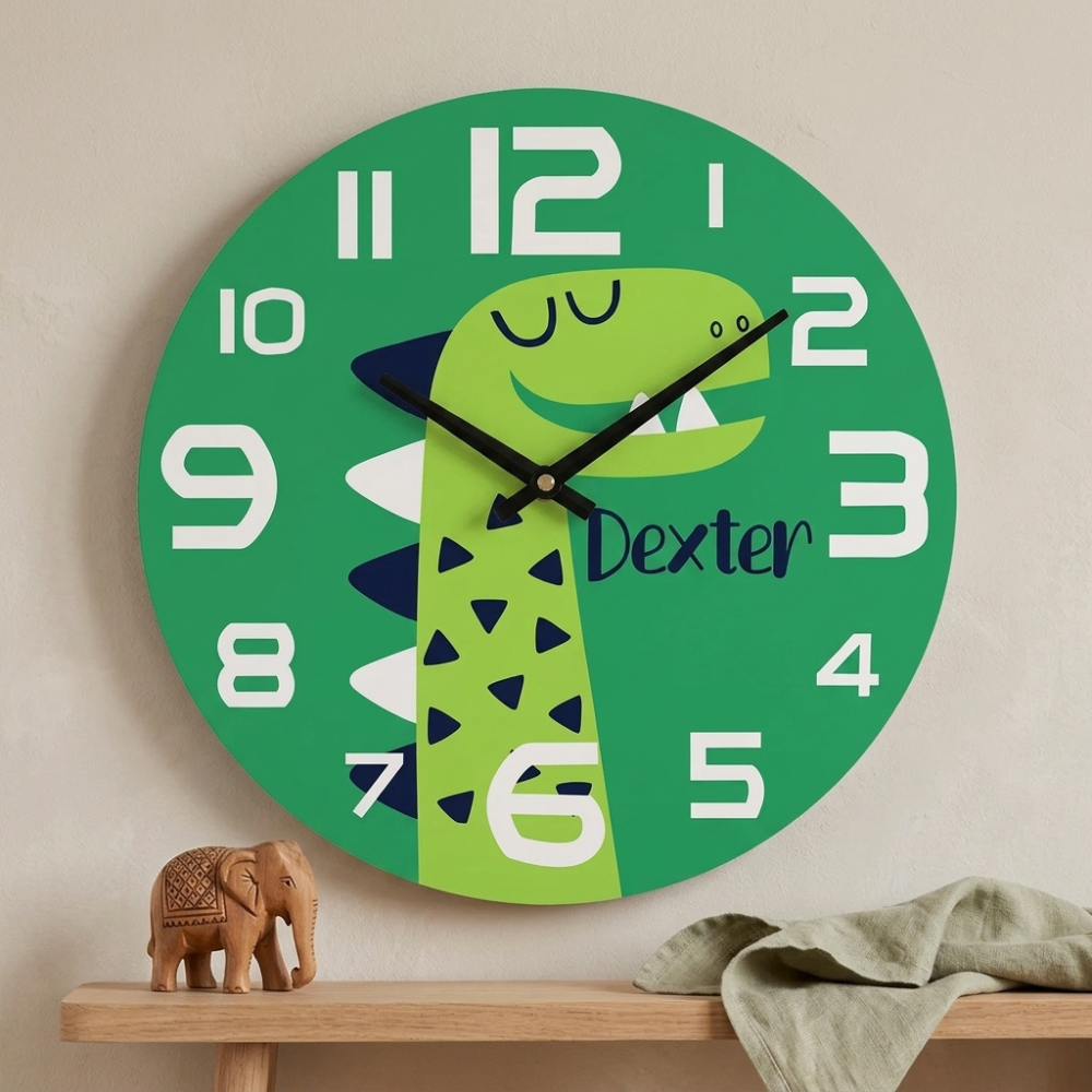 Bazinco Personalized Dinosaur Kids Wall Clock | Custom Name Dino Nursery Wall Clock | Cute Dinosaur Bedroom Decor for Boys | Silent Wall Clock