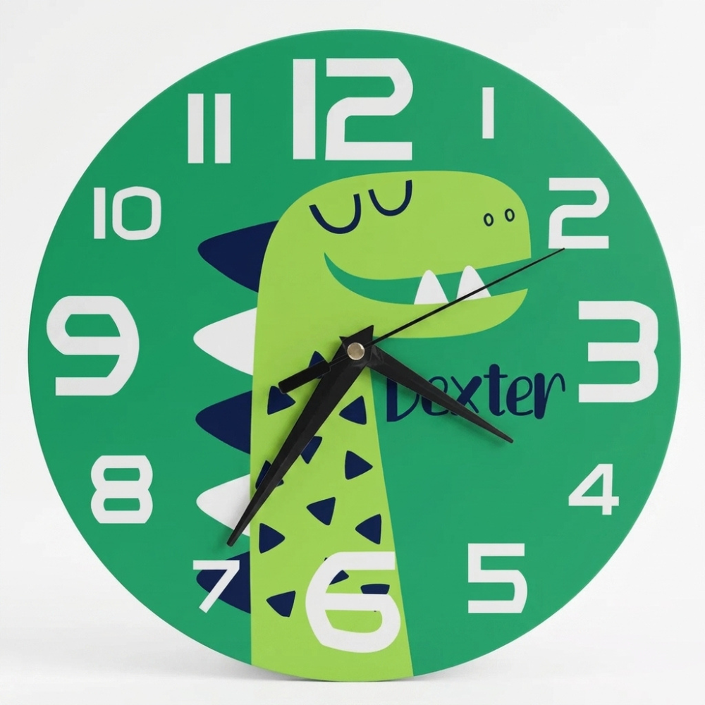Bazinco Personalized Dinosaur Kids Wall Clock | Custom Name Dino Nursery Wall Clock | Cute Dinosaur Bedroom Decor for Boys | Silent Wall Clock