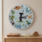 Bazinco Personalized Dinosaur Wall Clock with Initial & Name | Custom Kids Room Wall Clock | Nursery Decor | Silent Non-Ticking Glass Clock | Birthday Gift for Boys & Girls