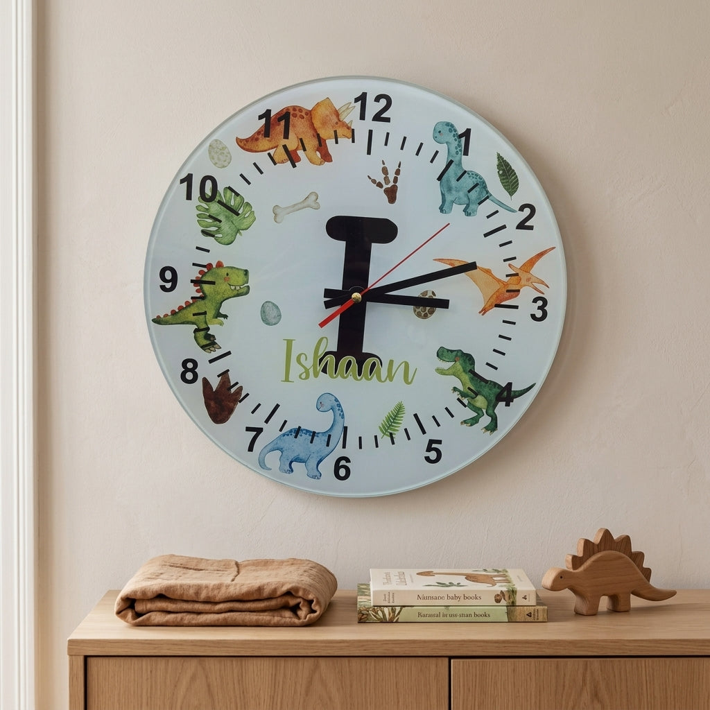 Bazinco Personalized Dinosaur Wall Clock with Initial & Name | Custom Kids Room Wall Clock | Nursery Decor | Silent Non-Ticking Glass Clock | Birthday Gift for Boys & Girls
