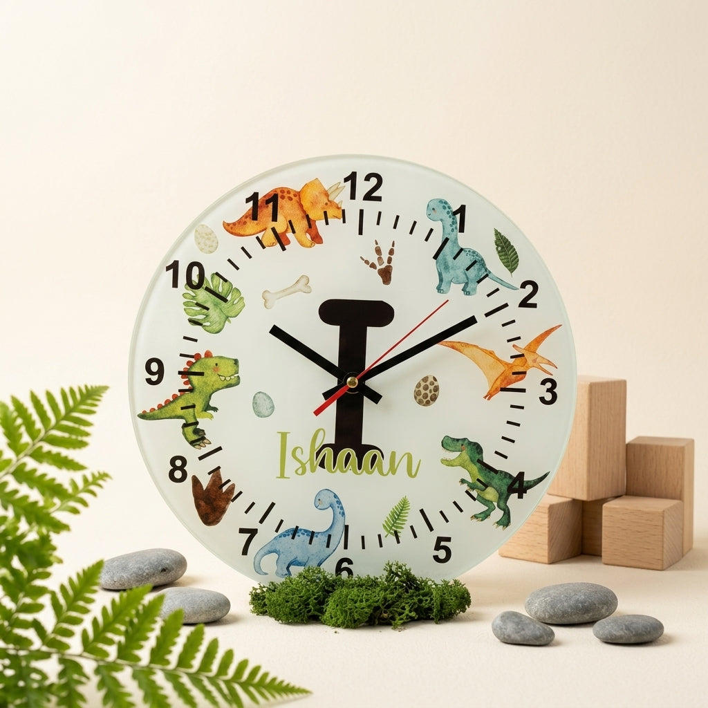 Bazinco Personalized Dinosaur Wall Clock with Initial & Name | Custom Kids Room Wall Clock | Nursery Decor | Silent Non-Ticking Glass Clock | Birthday Gift for Boys & Girls