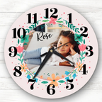 Bazinco Personalized Floral Photo Wall Clock with Name | Custom Photo Clock for Kids Room | Round Decorative Silent Wall Clock | Birthday Gift for Girls