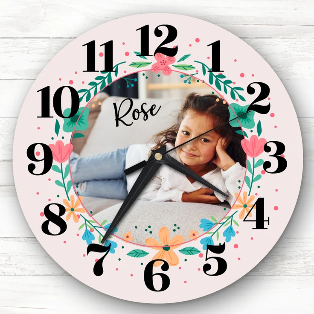 Bazinco Personalized Floral Photo Wall Clock with Name | Custom Photo Clock for Kids Room | Round Decorative Silent Wall Clock | Birthday Gift for Girls
