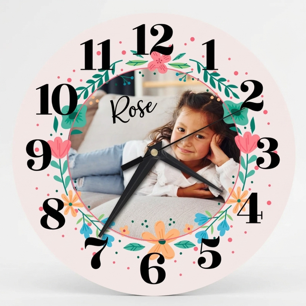 Bazinco Personalized Floral Photo Wall Clock with Name | Custom Photo Clock for Kids Room | Round Decorative Silent Wall Clock | Birthday Gift for Girls
