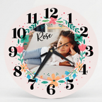 Bazinco Personalized Floral Photo Wall Clock with Name | Custom Photo Clock for Kids Room | Round Decorative Silent Wall Clock | Birthday Gift for Girls