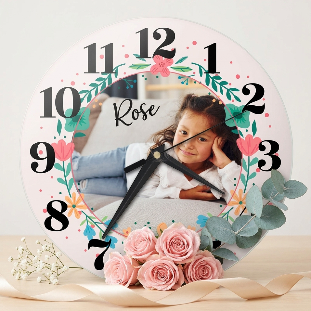 Bazinco Personalized Floral Photo Wall Clock with Name | Custom Photo Clock for Kids Room | Round Decorative Silent Wall Clock | Birthday Gift for Girls