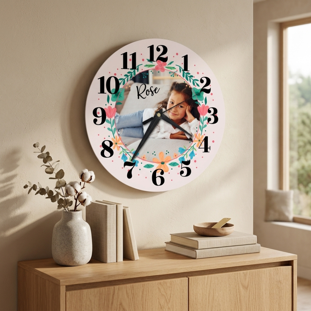 Bazinco Personalized Floral Photo Wall Clock with Name | Custom Photo Clock for Kids Room | Round Decorative Silent Wall Clock | Birthday Gift for Girls