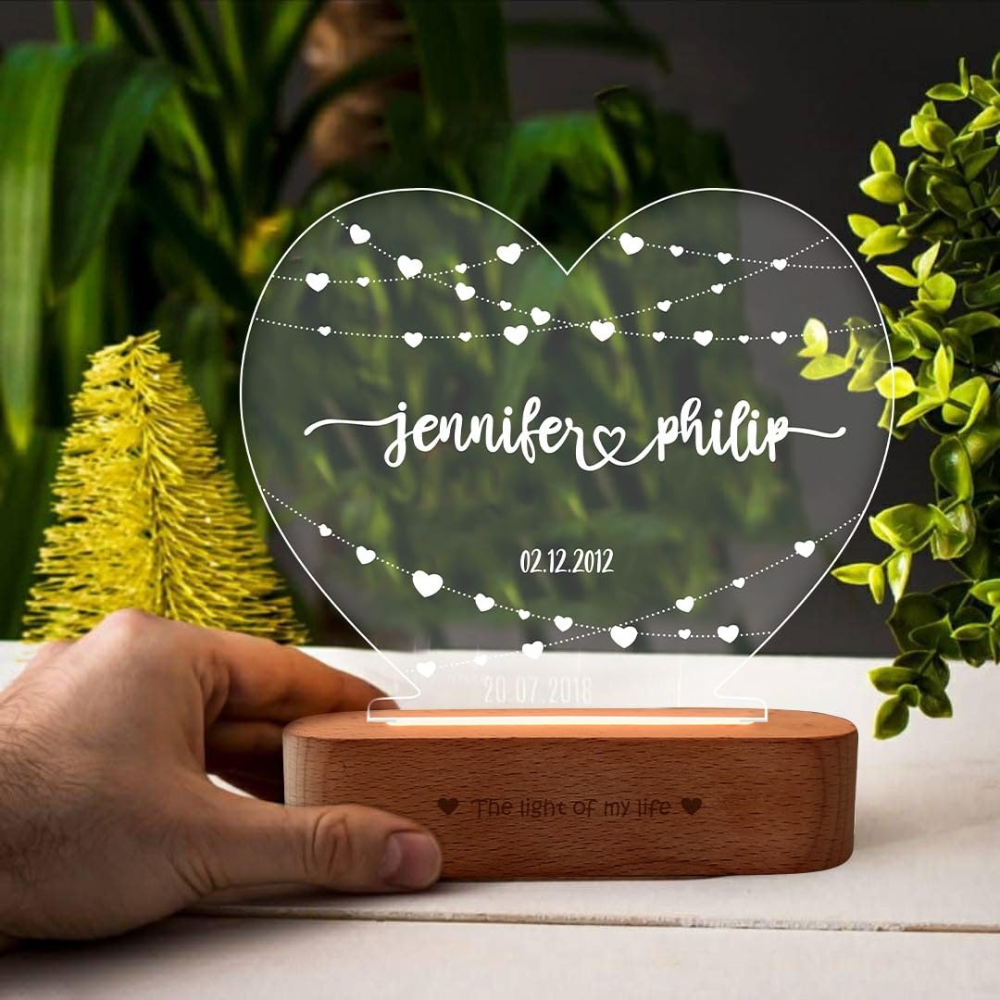 Bazinco Personalized Heart Couple LED Name Lamp | Custom Acrylic Night Lamp with Names & Special Date | Romantic Anniversary Gift for Couples