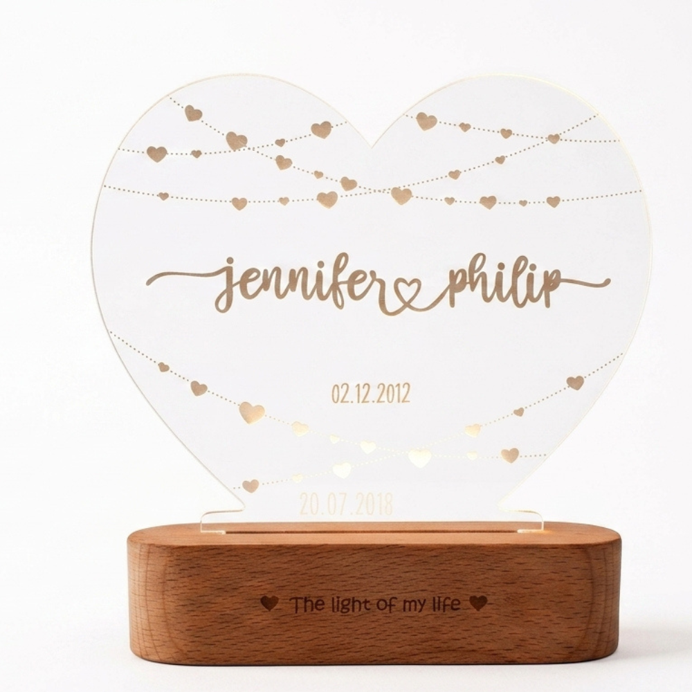 Bazinco Personalized Heart Couple LED Name Lamp | Custom Acrylic Night Lamp with Names & Special Date | Romantic Anniversary Gift for Couples