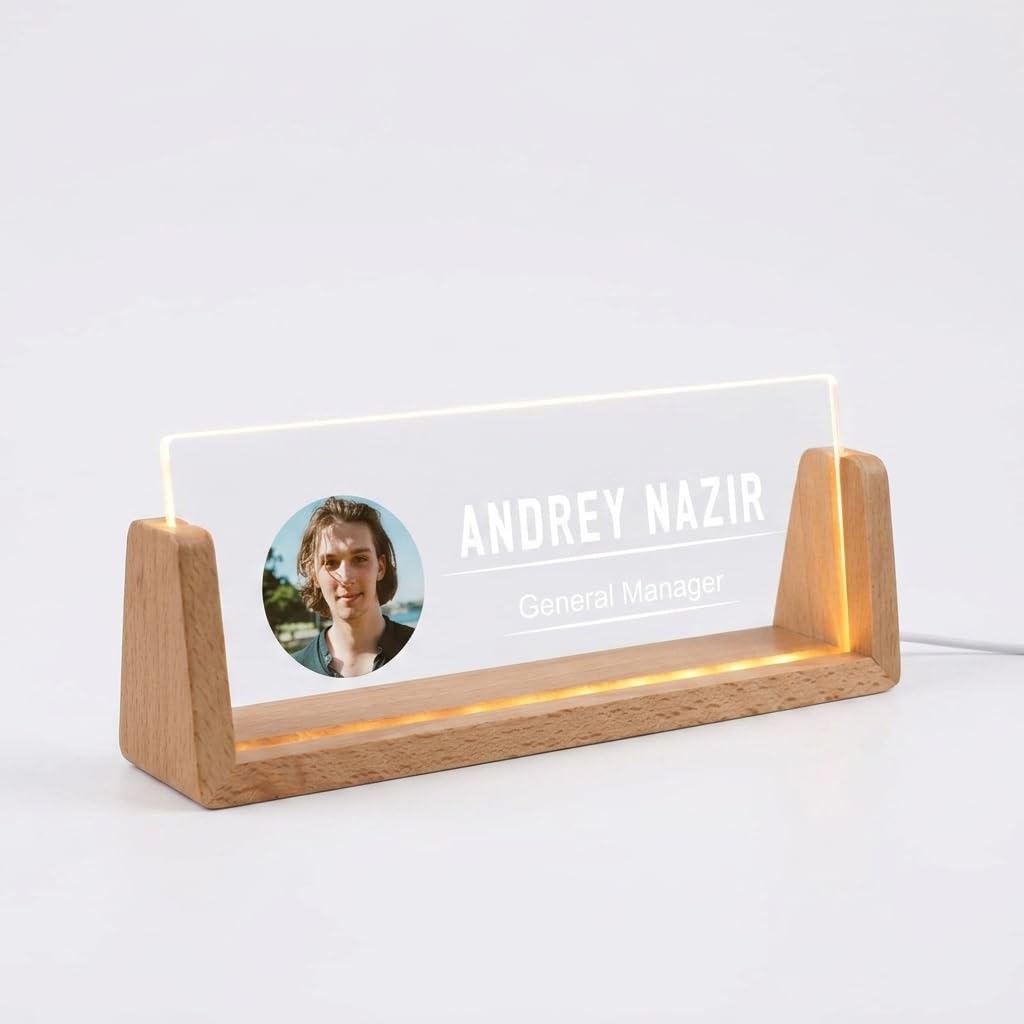 Bazinco Personalized Photo LED Desk Name Plate | Custom Acrylic Office Name Plate with Wooden Base