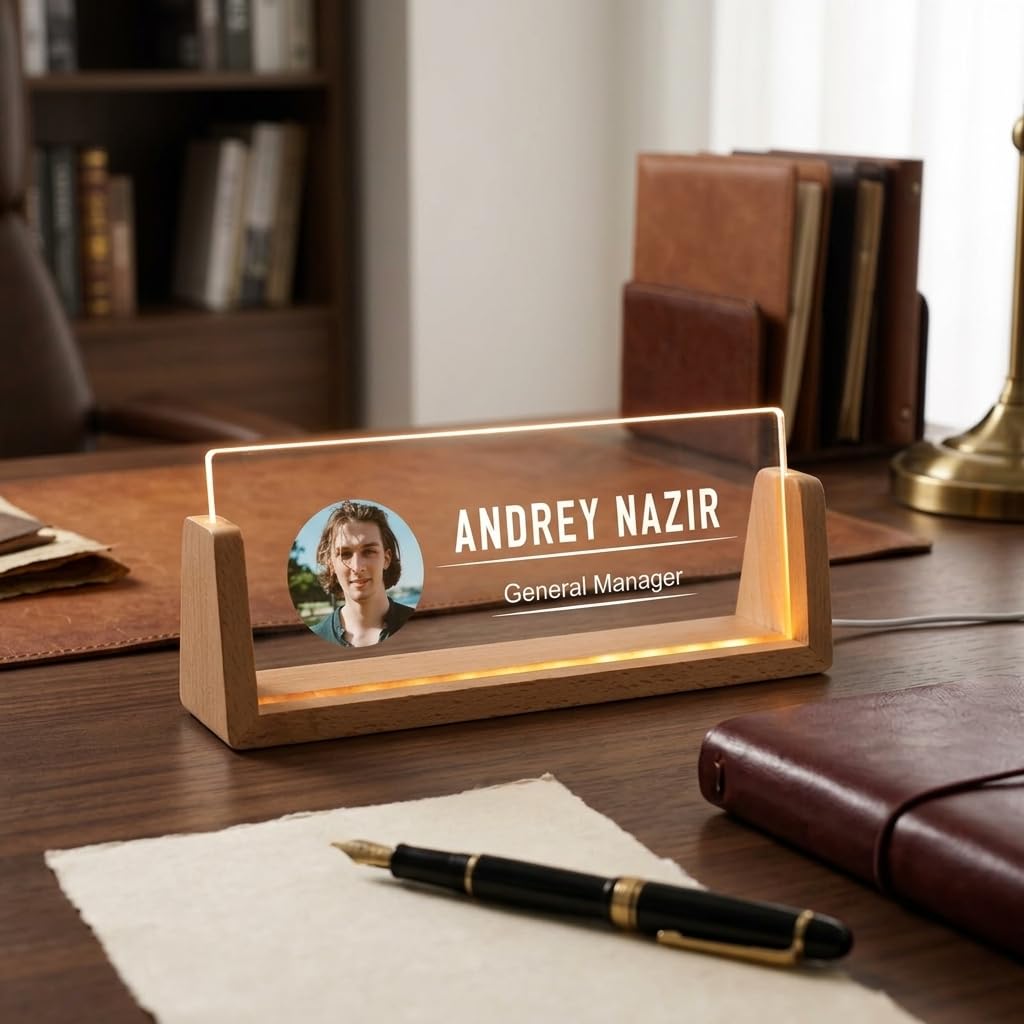 Bazinco Personalized Photo LED Desk Name Plate | Custom Acrylic Office Name Plate with Wooden Base