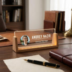 Bazinco Personalized Photo LED Desk Name Plate | Custom Acrylic Office Name Plate with Wooden Base
