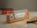 Bazinco Personalized Photo LED Desk Name Plate | Custom Acrylic Office Name Plate with Wooden Base