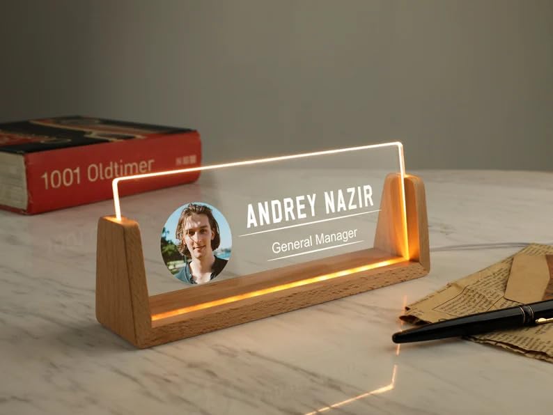 Bazinco Personalized Photo LED Desk Name Plate | Custom Acrylic Office Name Plate with Wooden Base