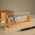 Bazinco Personalized Photo LED Desk Name Plate | Custom Acrylic Office Name Plate with Wooden Base