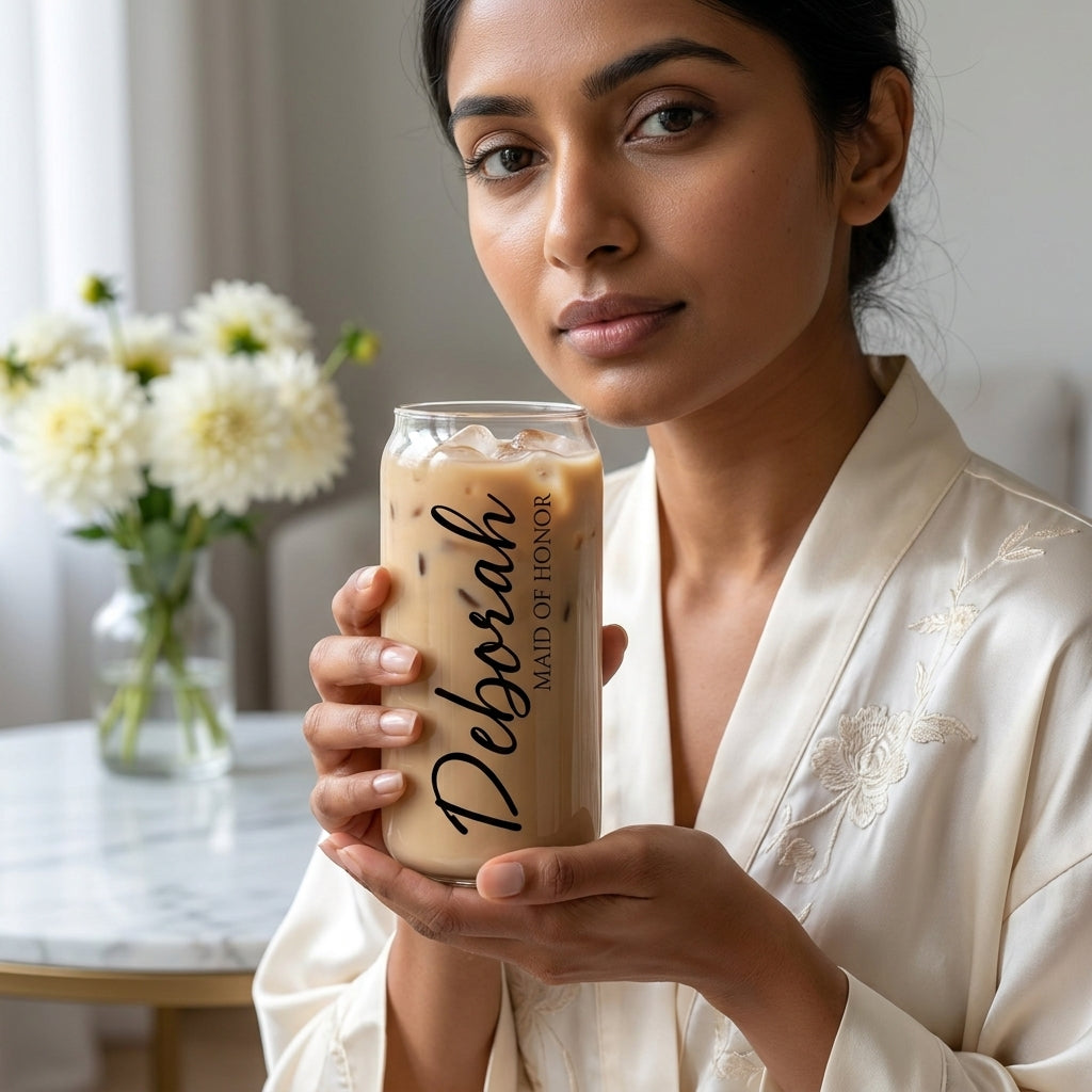 Bazinco Personalized Maid of Honor Glass Can Cup | Custom Name Bridesmaid Glass Tumbler | Wedding Party Gift with Bamboo Lid & Glass Straw