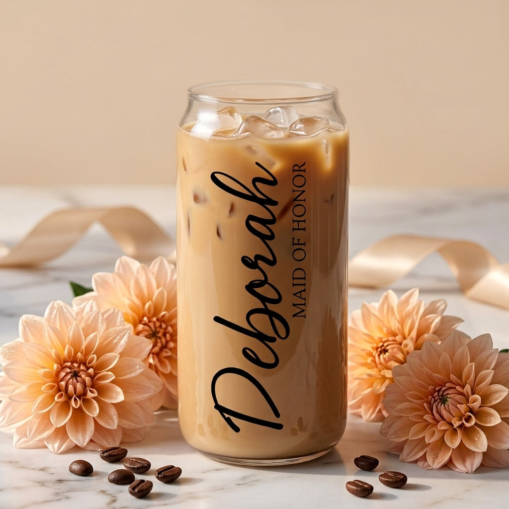 Bazinco Personalized Maid of Honor Glass Can Cup | Custom Name Bridesmaid Glass Tumbler | Wedding Party Gift with Bamboo Lid & Glass Straw
