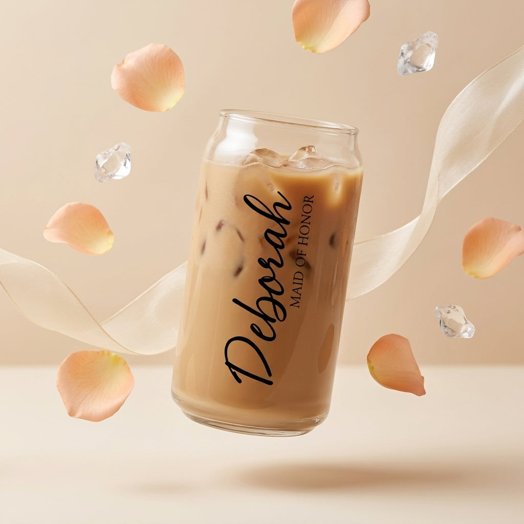 Bazinco Personalized Maid of Honor Glass Can Cup | Custom Name Bridesmaid Glass Tumbler | Wedding Party Gift with Bamboo Lid & Glass Straw