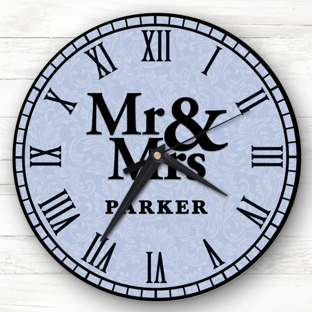 Bazinco Personalized Mr & Mrs Wall Clock | Custom Family Name Vintage Roman Numeral Wall Clock | Wedding & Anniversary Gift for Couples