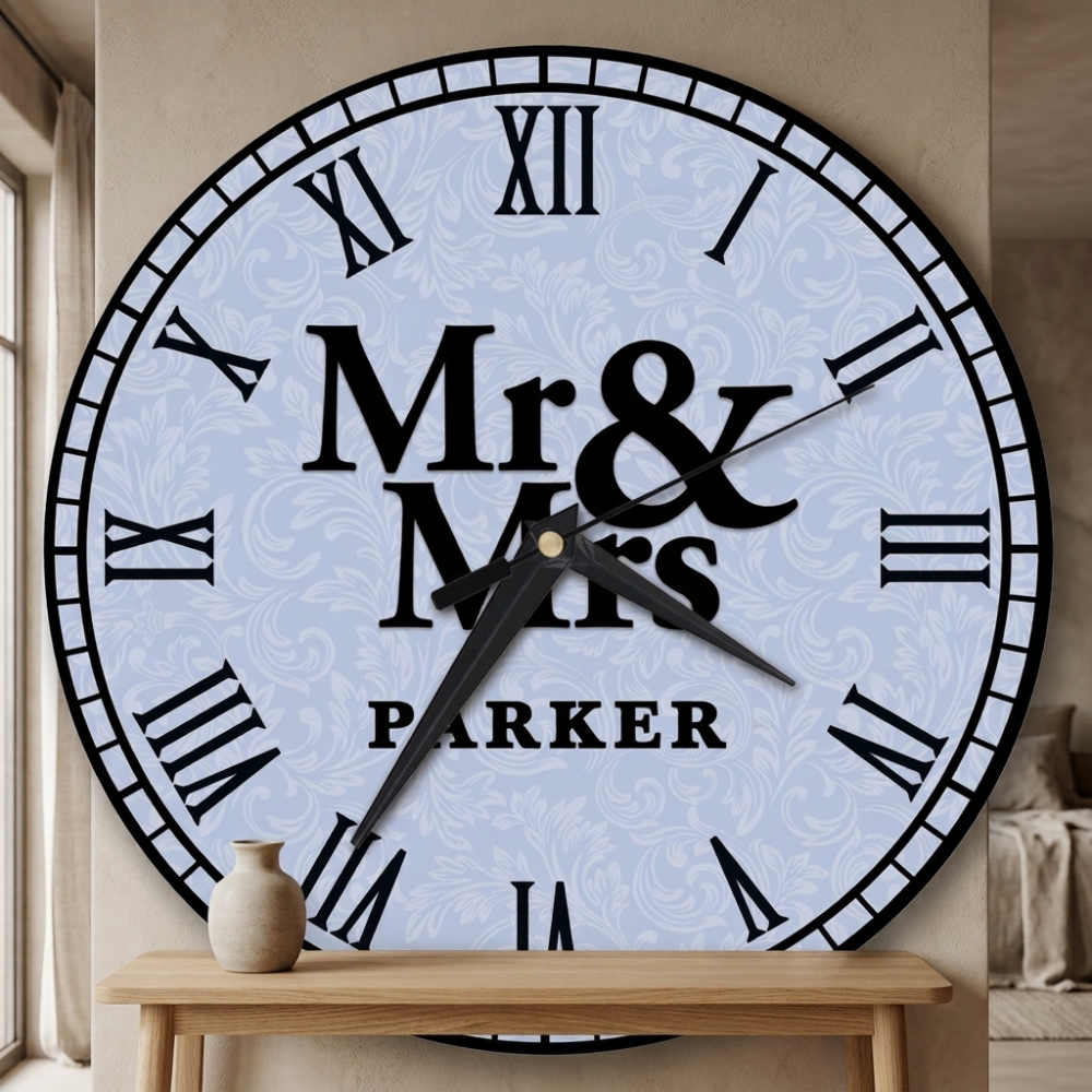 Bazinco Personalized Mr & Mrs Wall Clock | Custom Family Name Vintage Roman Numeral Wall Clock | Wedding & Anniversary Gift for Couples