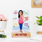 Bazinco Personalized My Sister Fun Caricature | Custom Acrylic Plaque with Wooden Base | Unique Sister Gift for Birthday, Raksha Bandhan & Special Occasions