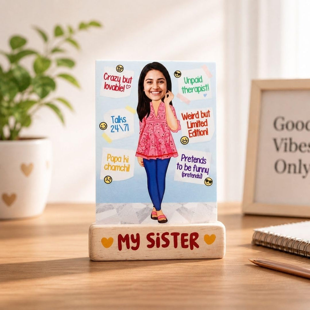 Bazinco Personalized My Sister Fun Caricature | Custom Acrylic Plaque with Wooden Base | Unique Sister Gift for Birthday, Raksha Bandhan & Special Occasions