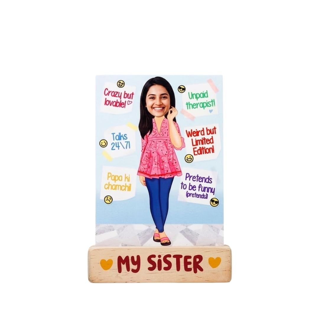 Bazinco Personalized My Sister Fun Caricature | Custom Acrylic Plaque with Wooden Base | Unique Sister Gift for Birthday, Raksha Bandhan & Special Occasions