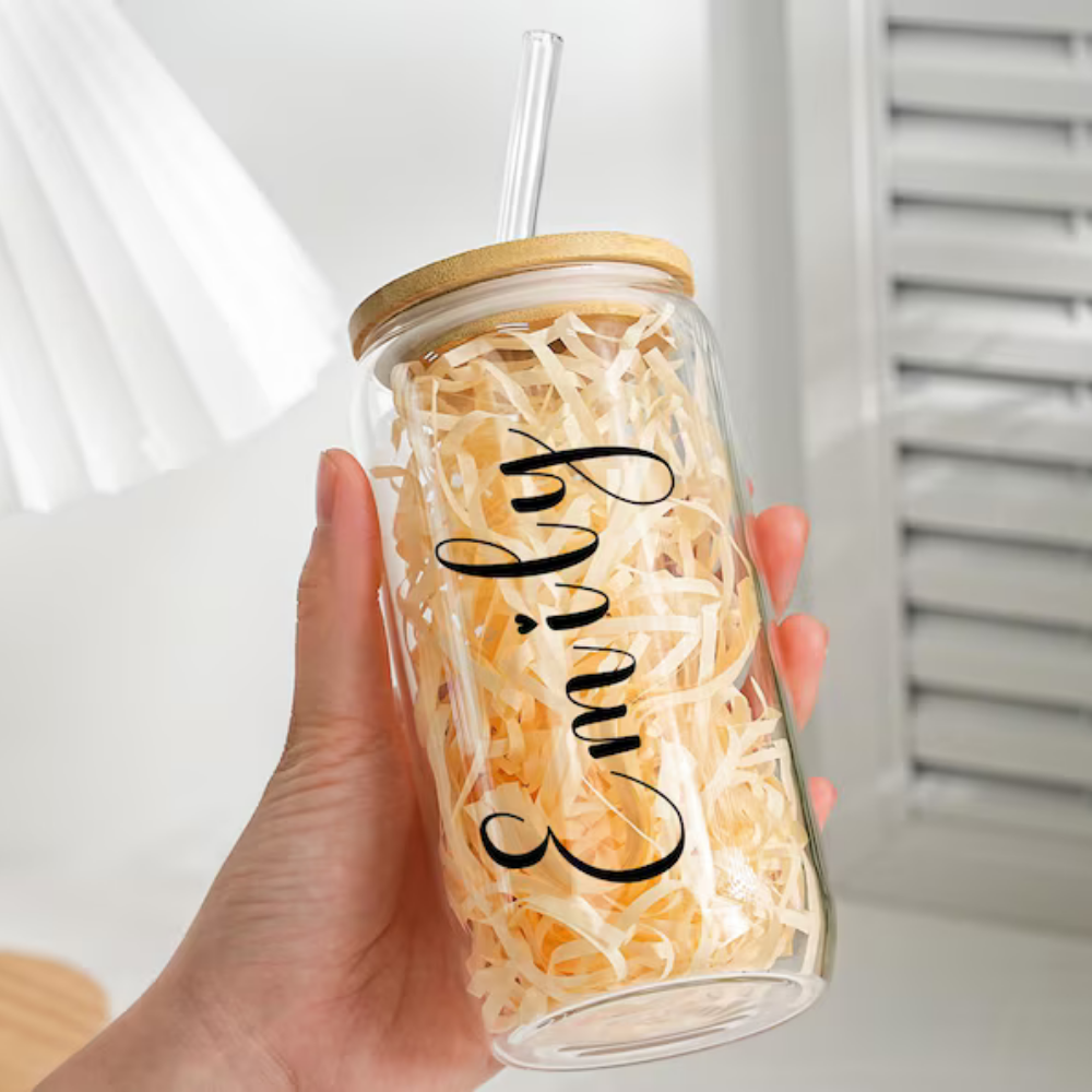 Bazinco Personalized Name Glass Cup | Custom Script Glass Can with Bamboo Lid & Glass Straw | Elegant Coffee Tumbler Gift for Her & Him