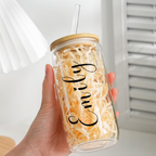 Bazinco Personalized Name Glass Cup | Custom Script Glass Can with Bamboo Lid & Glass Straw | Elegant Coffee Tumbler Gift for Her & Him