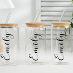Bazinco Personalized Name Glass Cup | Custom Script Glass Can with Bamboo Lid & Glass Straw | Elegant Coffee Tumbler Gift for Her & Him