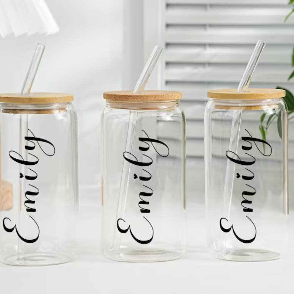 Bazinco Personalized Name Glass Cup | Custom Script Glass Can with Bamboo Lid & Glass Straw | Elegant Coffee Tumbler Gift for Her & Him