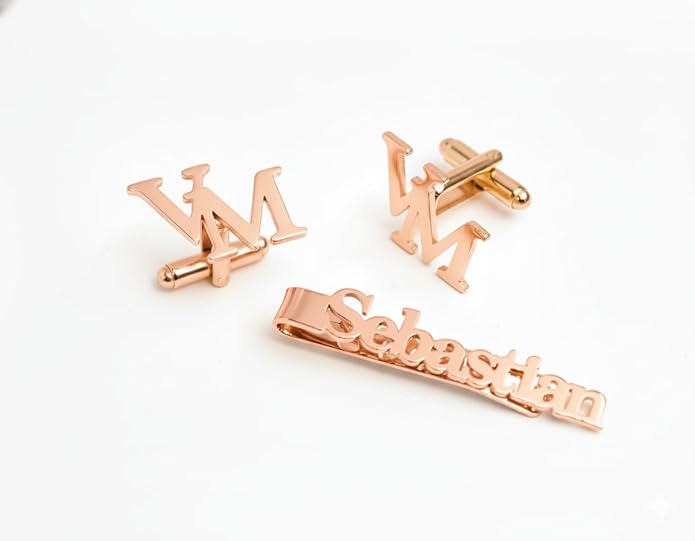 Bazinco Custom Letter Cufflinks with Personalized Name Tie Clip – Premium Rose Gold Monogram Set