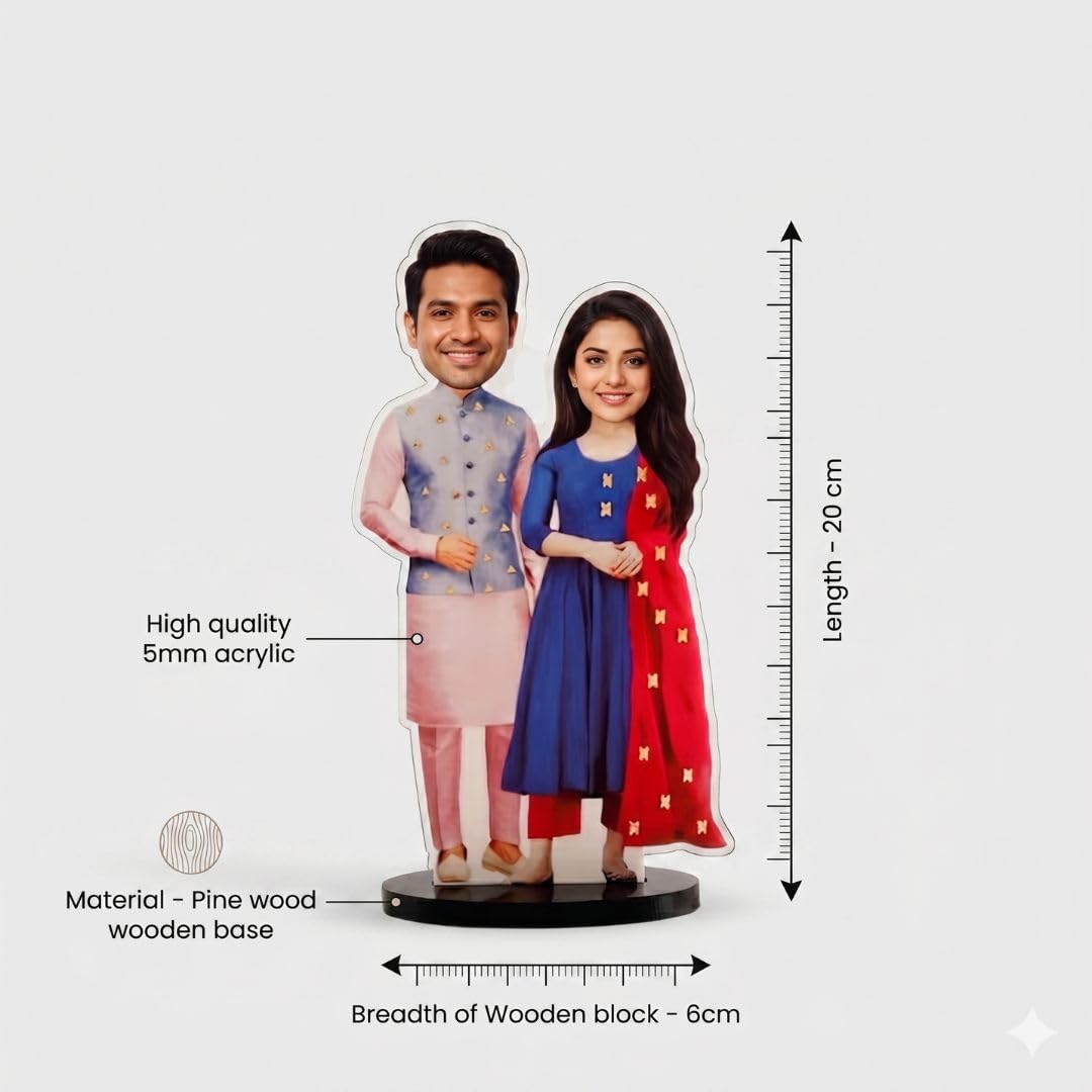 Bazinco Perfect Bhaiya Bhabhi Personalized Caricature | Custom Acrylic Plaque with Wooden Base | Unique Anniversary & Wedding Gift for Bhaiya Bhabhi