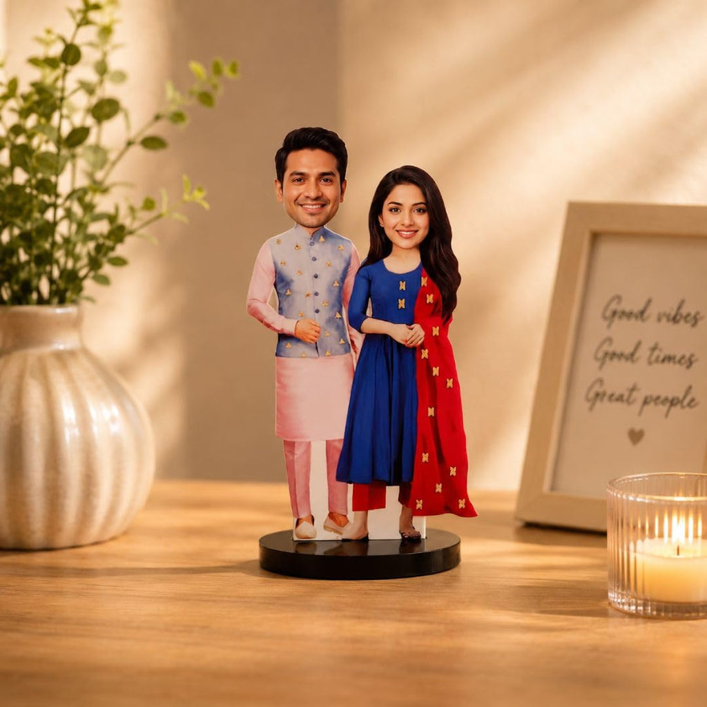 Bazinco Perfect Bhaiya Bhabhi Personalized Caricature | Custom Acrylic Plaque with Wooden Base | Unique Anniversary & Wedding Gift for Bhaiya Bhabhi