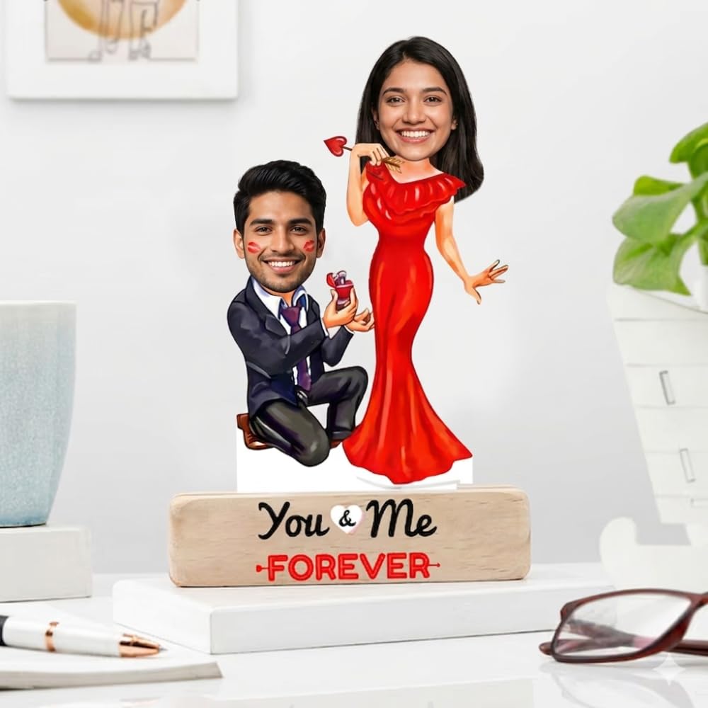 Bazinco Personalized Proposing Couple's Caricature | Custom Proposal Acrylic Plaque with Wooden Base | Romantic Engagement Gift for Boyfriend, Girlfriend & Couples