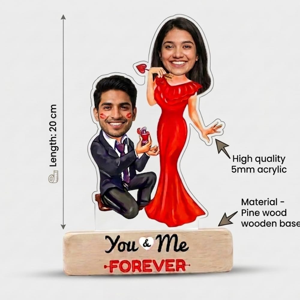 Bazinco Personalized Proposing Couple's Caricature | Custom Proposal Acrylic Plaque with Wooden Base | Romantic Engagement Gift for Boyfriend, Girlfriend & Couples
